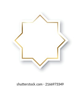 Eight point white star with gold frame on borders vector illustration. Islamic symbol of octagonal shape with glitter, symmetry and shadow, abstract geometric decorative badge isolated on white.