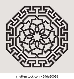 Eight pointed circular abstract floral pattern with meander. Mandala. Round vector ornament. Arabesque.