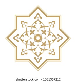 Eight pointed circular abstract golden floral pattern on white bacground. Round vector ornament in Arabic style. Arabesque.