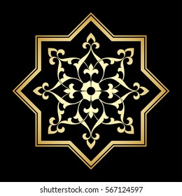 Eight pointed circular abstract golden floral pattern on black background. Round vector ornament in Arabic style. Arabesque