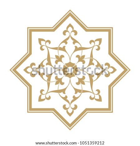 Eight pointed circular abstract golden floral pattern on white bacground. Round vector ornament in Arabic style. Arabesque.