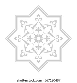 Eight pointed circular abstract grey floral pattern on white background. Round vector ornament in Arabic style. Arabesque