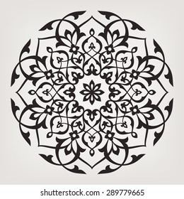 Eight Pointed Circular Pattern. Mandala. Round Linear Vector Ornament On Gray Background.