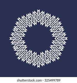 Eight pointed circular pattern in Oriental intersecting lines style. White mandala in snowflakes form on blue background.