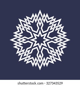 Eight pointed circular pattern in Oriental intersecting lines style. White mandala in snowflakes form on blue background.