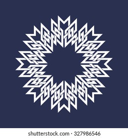 Eight pointed circular pattern in Oriental intersecting lines style. White mandala in snowflakes form on blue background.