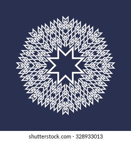 Eight pointed circular pattern in Oriental intersecting lines style. White mandala in snowflakes form on blue background.