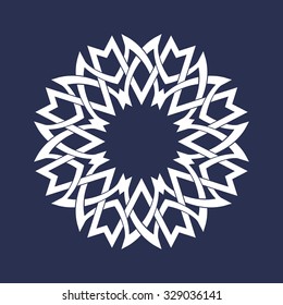 Eight pointed circular pattern in Oriental intersecting lines style. White mandala in snowflakes form on blue background.