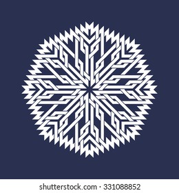 Eight pointed circular pattern in Oriental intersecting lines style. White mandala in snowflakes form on blue background.