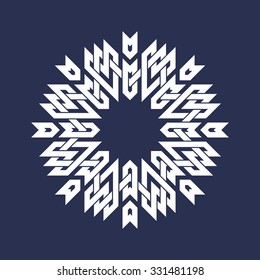 Eight pointed circular pattern in Oriental intersecting lines style. White mandala in snowflakes form on blue background.