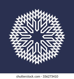 Eight pointed circular pattern in Oriental intersecting lines style. White mandala in snowflakes form on blue background.