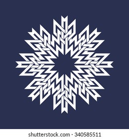Eight pointed circular pattern in Oriental intersecting lines style. White mandala in snowflakes form on blue background.