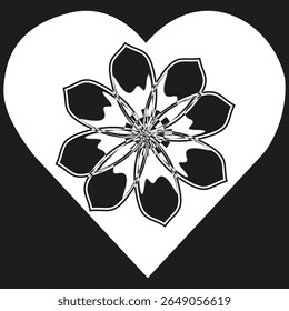 Eight pointed petals. Monochrome color scheme. Bold petal shapes. Decorative central focus.
