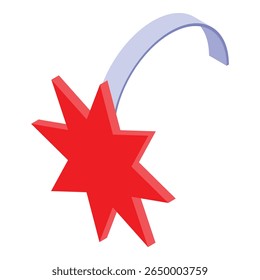 Eight pointed red star is hanging on a curved ribbon, creating a festive and decorative element