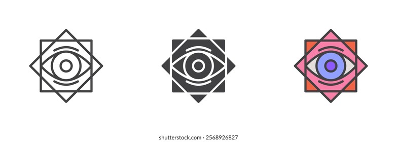 Eight pointed star with all seeing eye icon. Sacred geometry line and glyph version, outline and filled vector sign. linear and full pictogram. Symbol, logo illustration. Different style icons set