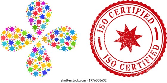 Eight pointed star colorful rotation burst, and red round ISO CERTIFIED grunge stamp imitation. Eight pointed star symbol inside round stamp imitation.