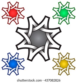 Eight pointed star logo template in Celtic style. Tribal tattoo symbol. Silver stamp for jewelry design and samples of red, green, blue and golden colors.