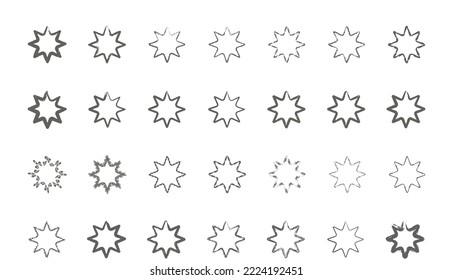 eight pointed stars set of black and white icons