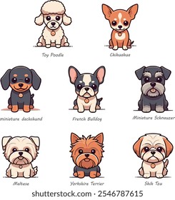 Eight popular dog breeds in a cartoon style.