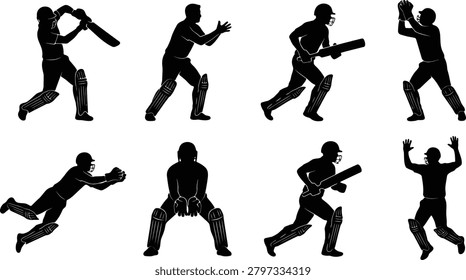 Eight professional cricket player silhouettes showcasing batting and bowling stances on white background.