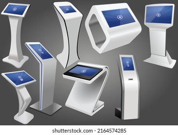 Ocho kioscos de información interactiva promocional, pantalla publicitaria, soporte terminal, pantalla táctil. Plantilla de maqueta.