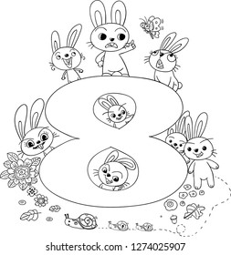 The eight rabbits.Hand drawn doodle vector illustration. For counting teaching for kids, coloring books illustration,pattern,clip arts, children books illustration,background.