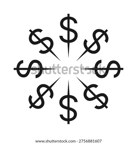 Eight radial bursting, US dollar icons. A circle of USD money symbols. Isolated on a white background.