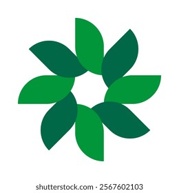 Eight radial rectangle leaves, green flower. A circular arrangement of leaf symbols. Isolated on a white background.