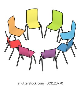 Eight Rainbow Multicoloured Chairs Arranged In A Circle For Group Work, Or Group Therapy.
