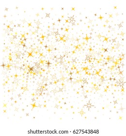 Eight rays shiny star pattern, golden sparkles background. Chaotic starry gold confetti simple wallpaper or textile, isolated on white background. Night sky objects. Star dust sparkle holiday pattern.