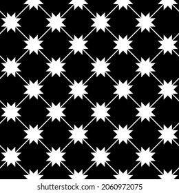 Ocho estrellas rayas conectadas con rayas diagonales. Fondo negro vectorial y formas blancas.