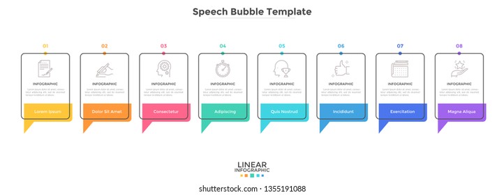 Eight Rectangular Speech Bubbles Arranged In Horizontal Row. Concept Of 8 Business Messages Or Quotes. Simple Infographic Design Template. Flat Vector Illustration For Presentation, Banner, Report.