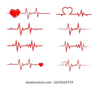 Ocho formas de onda de ECG en forma de corazón rojo sobre fondo blanco. Las Variantes ilustran el pulso cardíaco, los conceptos médicos, de salud y de amor.