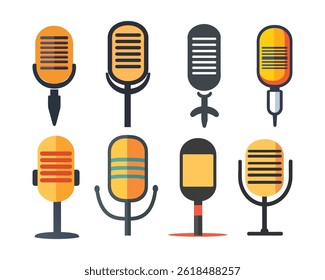 Eight Retro Pixel Art Microphones Colorful Illustrations for Podcast Music and Broadcasting Designs