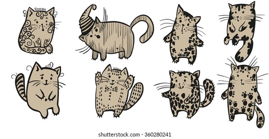 eight ridiculous, different cats of cream color play and have fun. A vector illustration for design