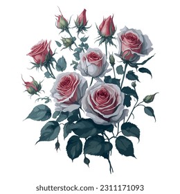 Acht Rosenvektor. Schöne, handgemalte Aquarell-Illustration von acht Rosen in verschiedenen lebhaften Farben. Ideal, um Ihren Designs einen Hauch von Eleganz und Romantik zu verleihen.