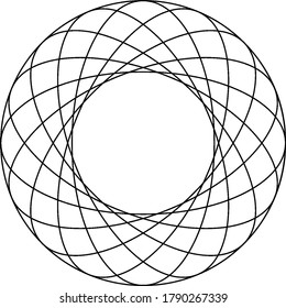 Ocho elipses concéntricas giradas dentro de un círculo que tocan la superficie del círculo externamente con un espaciado igual, dibujo de línea vintage o ilustración de grabado.