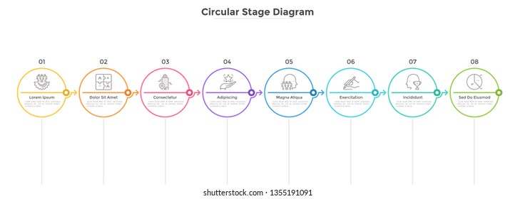 Eight round elements arranged in horizontal row and connected by arrows. Concept of 8 successive stages of business development. Infographic design template. Flat vector illustration for progress bar.