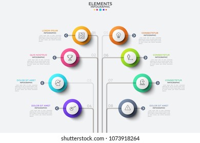 Eight round elements with thin line pictograms inside and text boxes arranged into tree diagram. Concept of 8 business options. Modern infographic design template. Vector illustration for brochure.