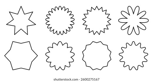 Eight round frames in form of stars, daisies with petals, wavy edges, zigzag. Vector illustration of stickers of different shapes with outline for text, pictures, titles, price tags, inscriptions.
