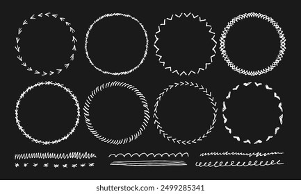 Eight round handwritten frames and six decorative stripes, underlines. White doodles, squiggles on a black background. Vector set