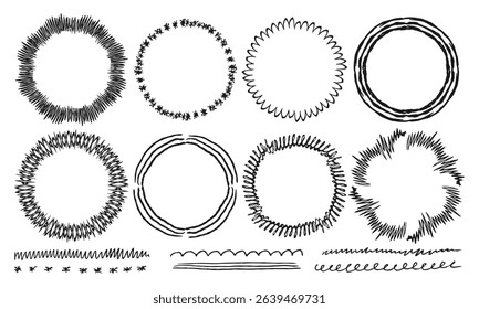 Eight round handwritten frames and six decorative stripes, underlines. Black doodles, squiggles on a white background. Vector set