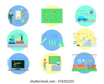 Eight Round Mathematics Compositions Set With Using Maths In Different Industries And Real Life With People Vector Illustration