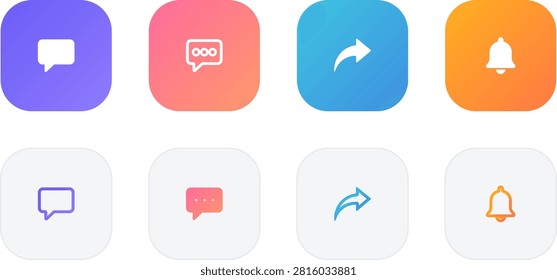 Eight rounded square icons in different colors with messaging, sharing, and notification symbols in a 2x4 grid on a white background
