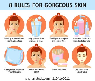 Eight rules for healthy skin, facial care. Infographics. Woman doing skin care procedures. Skincare Steps vector Infographic