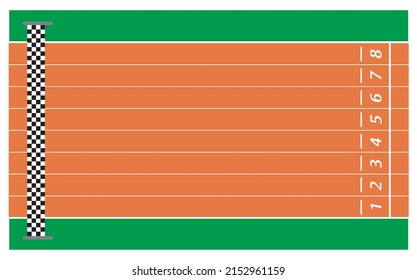 Eight running tracks. Green field with goal. Vector illustration.