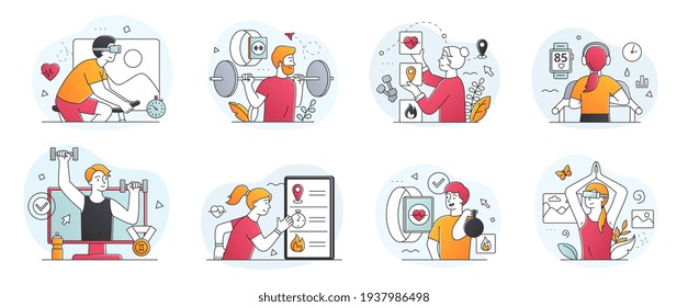 Eight scenes showing Smart personal training technologies with people using digital smart apps and devices in a variety of sports on white, colored vector illustration