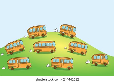 eight school buses of different types going for the green hills to the right side