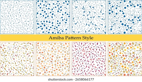 Ocho Diseños inconsútiles del estilo del modelo de Amiba en azul anaranjado y rojo con los fondos blancos