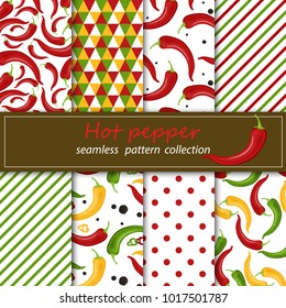 Eight seamless fabrics for forwarding mask. Seamless ornament for your kitchen design and interior. Chili peppers seamless pattern. Beautiful bright red pepper on white background stock vector